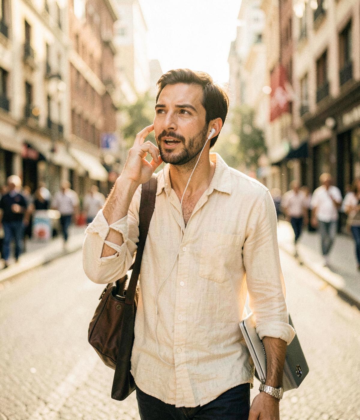 A founder in a linen shirt walking through a sunlit street speaking into earbuds