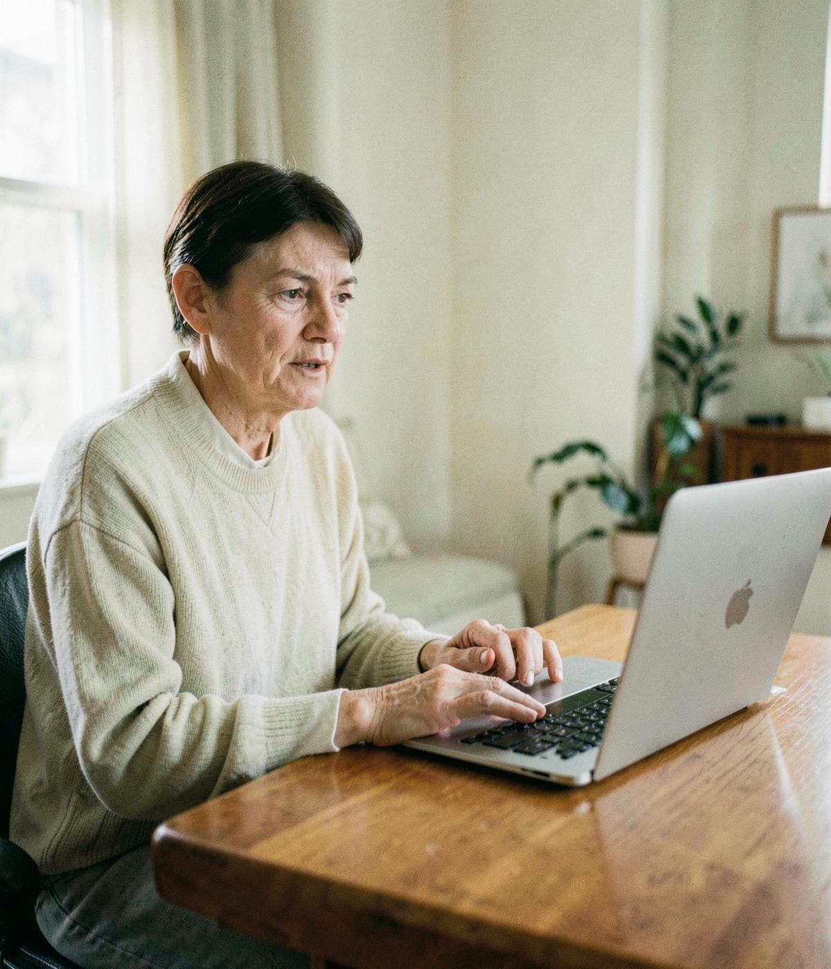 A woman speaking to her laptop with her hands resting away from the keyboard