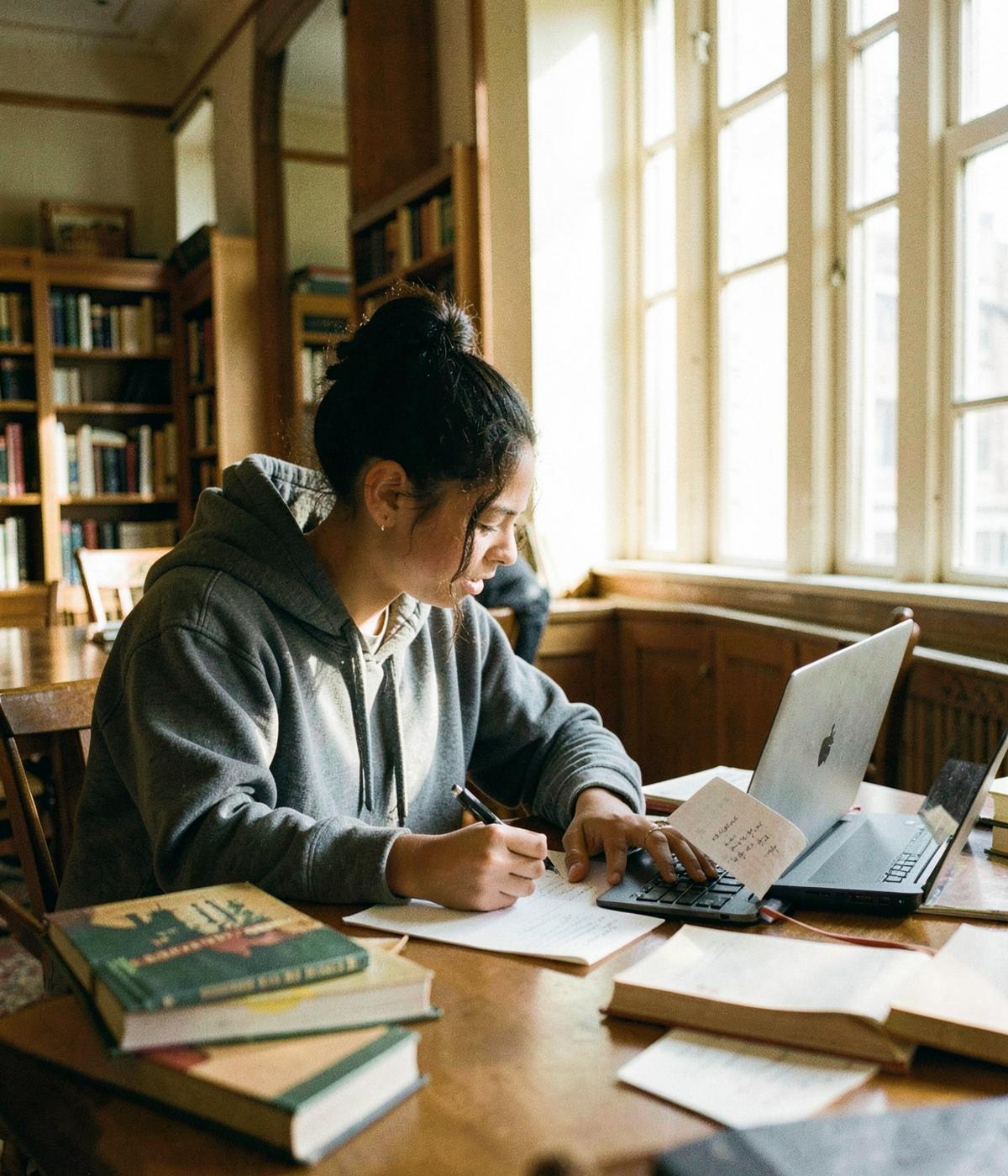 A student working at a long library table with books and a laptop in warm afternoon light
