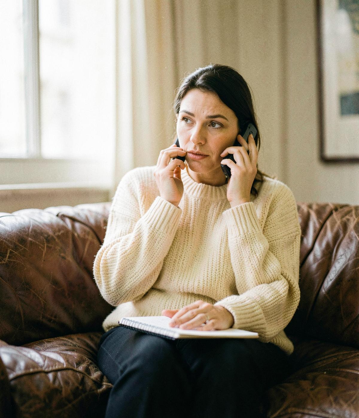 A journalist in a cream jumper speaking into her phone with a notebook on her knee