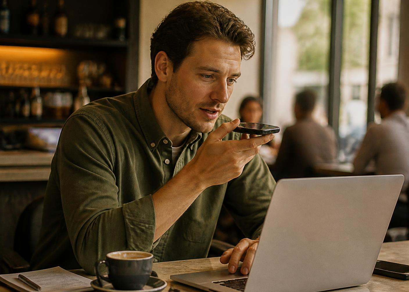 A man speaking quietly beside a laptop in a warm cafe