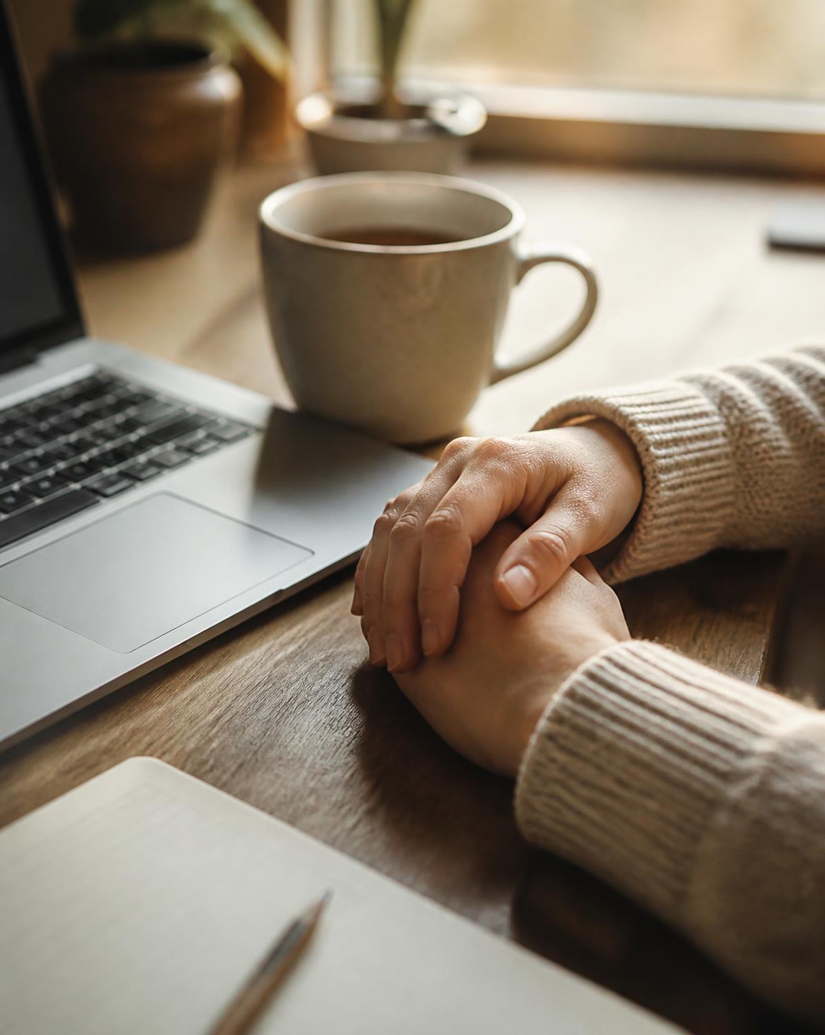 Hands resting beside a laptop and a mug of tea on a warm oak desk