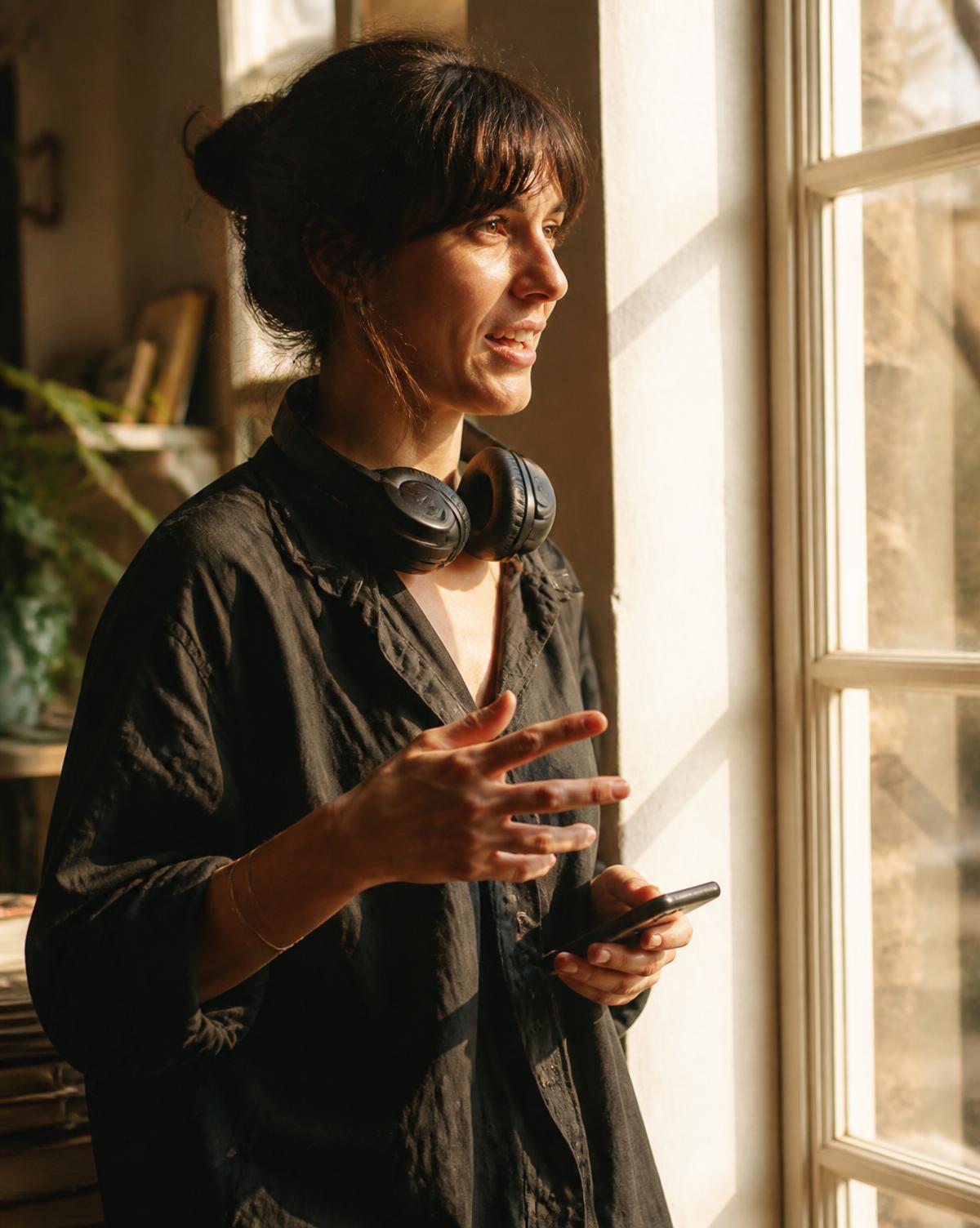 A woman speaking towards her laptop beside a bright window