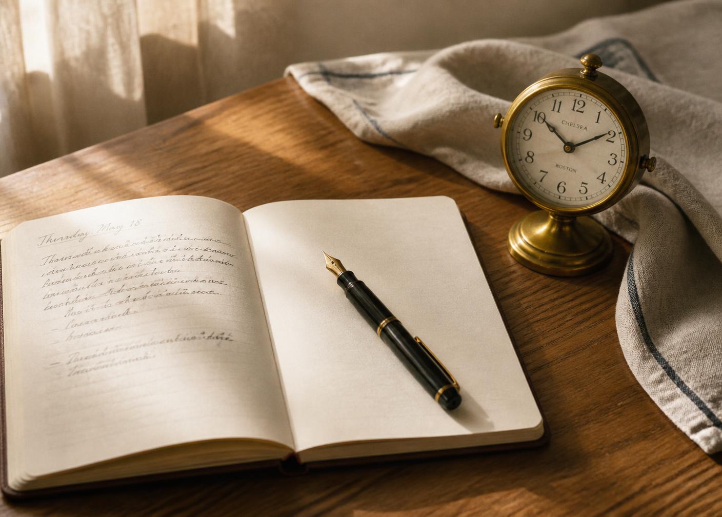 A closed notebook and pen beside a warm lamp