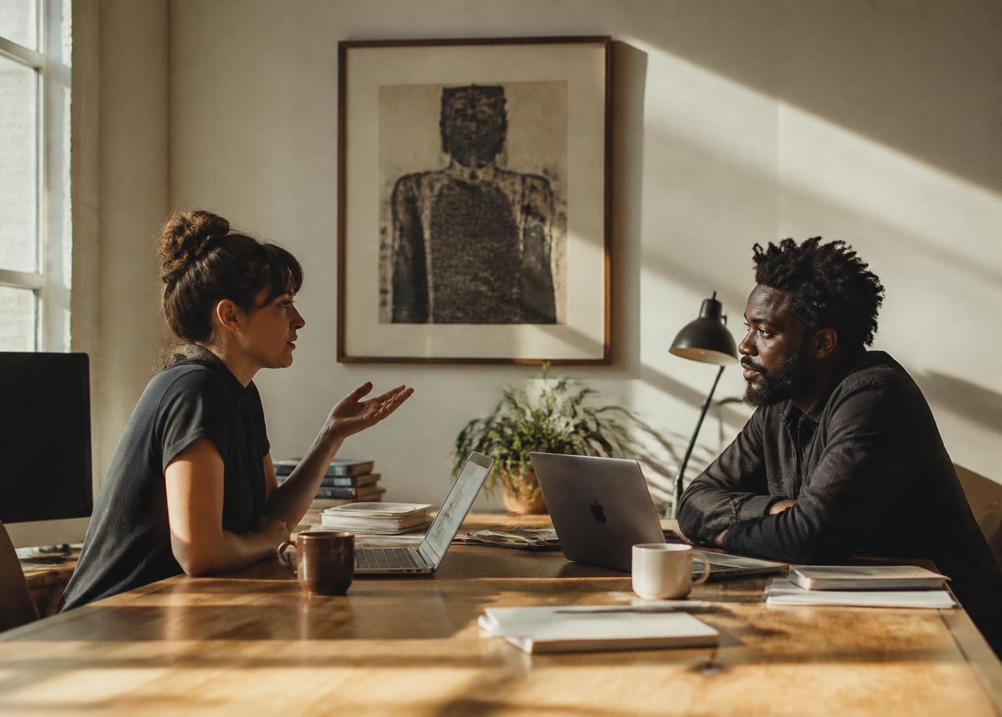 Two colleagues reviewing writing on a laptop in a bright studio